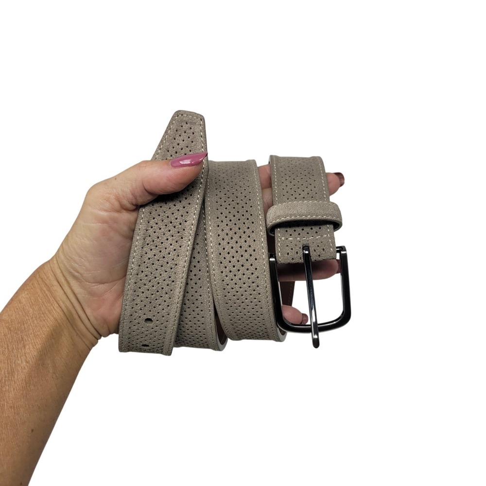Johnston & Murphy Mens Perforated Gray Suede Belt 44" Gunmetal Buckle‎